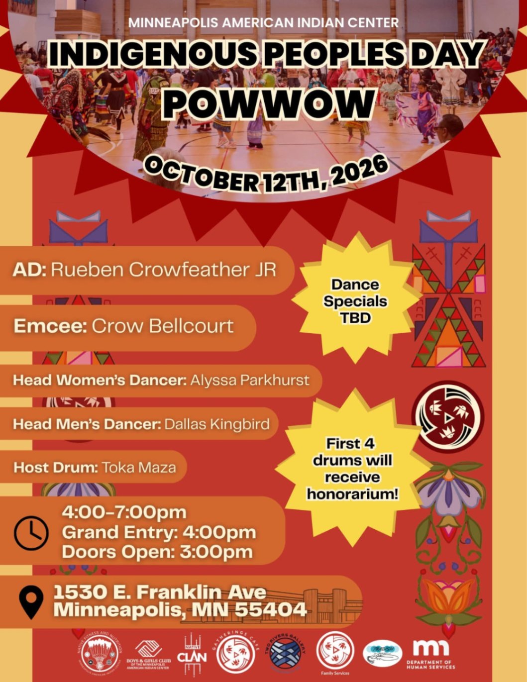 A flyer describing Indigenous Peoples Day powwow events in Minneapolis.